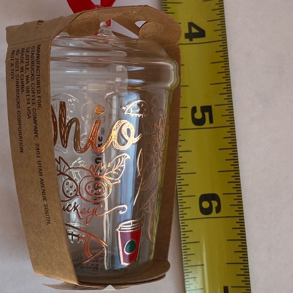 Starbucks Clear Glass Holiday Ornament with Red Ribbon and Gold Accents